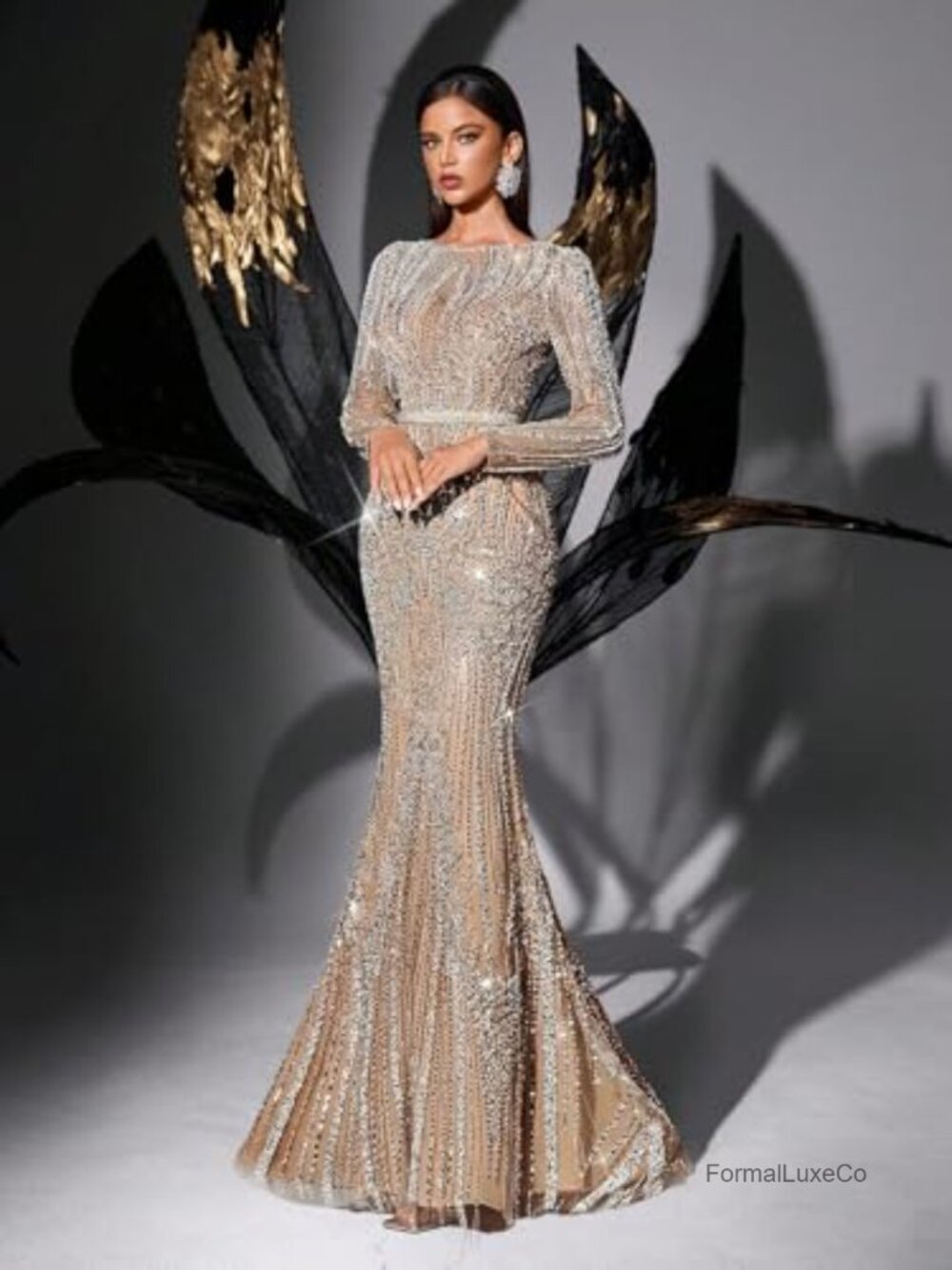 Women Sequin Mermaid Evening Gown Beaded Long Sleeve Formal Prom Dress - Picture 3 of 6